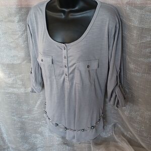Almost Famous Women's Belted Top, Size L, tee shirt material, botton front